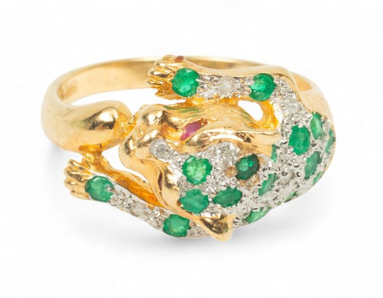 14k gold emerald and diamond leopard ring