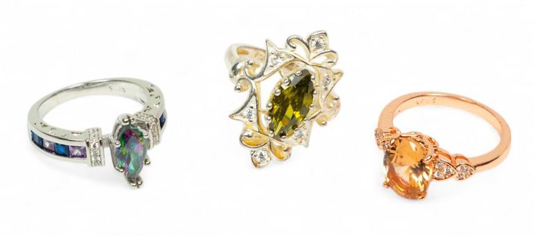 Sterling silver mystic topaz, peridot and rose gold tone rings