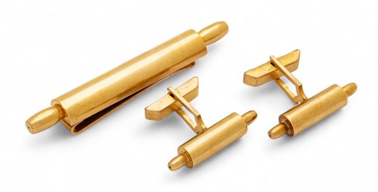 14k gold rolling pin form cufflinks and tie clip