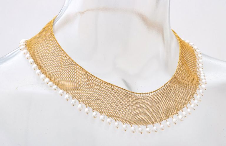 18k gold mesh and pearl drop necklace
