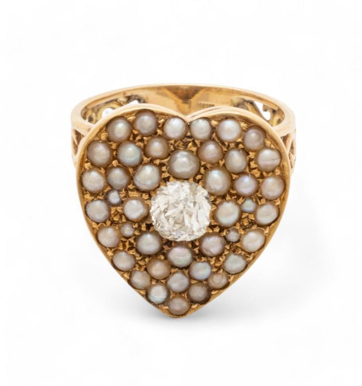 14k gold diamond seed pearl heart ring