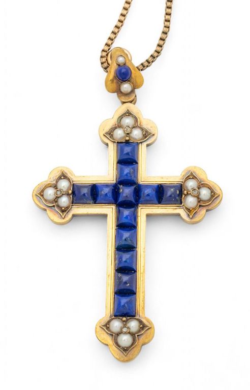 Gold filled lapis lazuli seed pearl cross pendant necklace