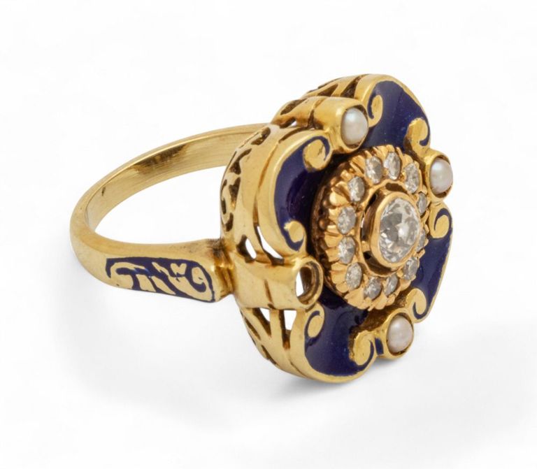 14k gold diamond pearl enamel ring
