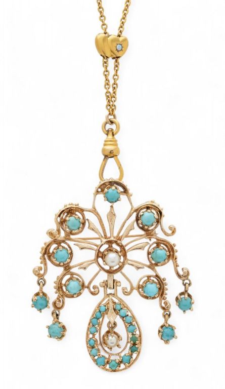 14k gold turquoise and pearl pendant brooch with chain