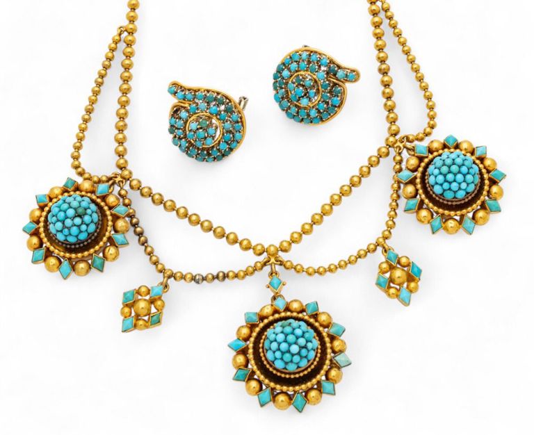 14k gold Persian turquoise bead necklace and earrings