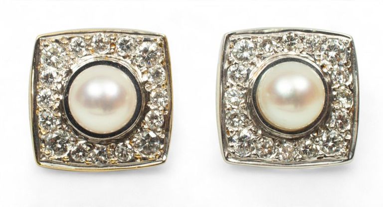 14k white gold diamond and pearl earrings