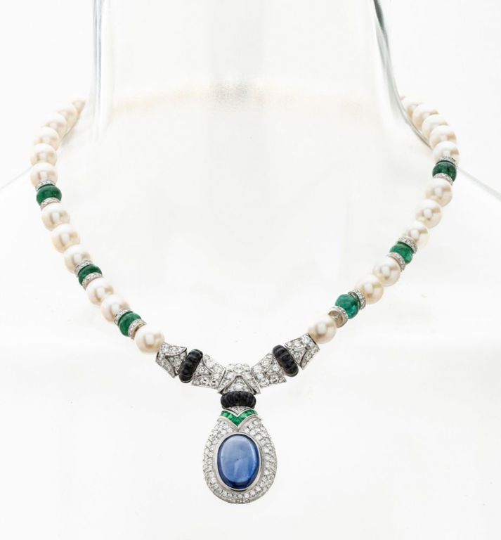 Sapphire diamond emerald and pearl necklace