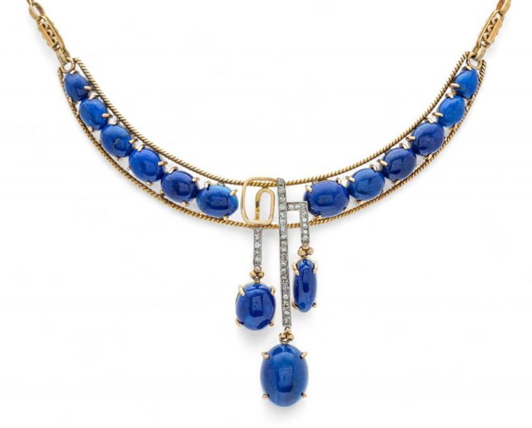 Art Deco 14k yellow gold lapis lazuli necklace