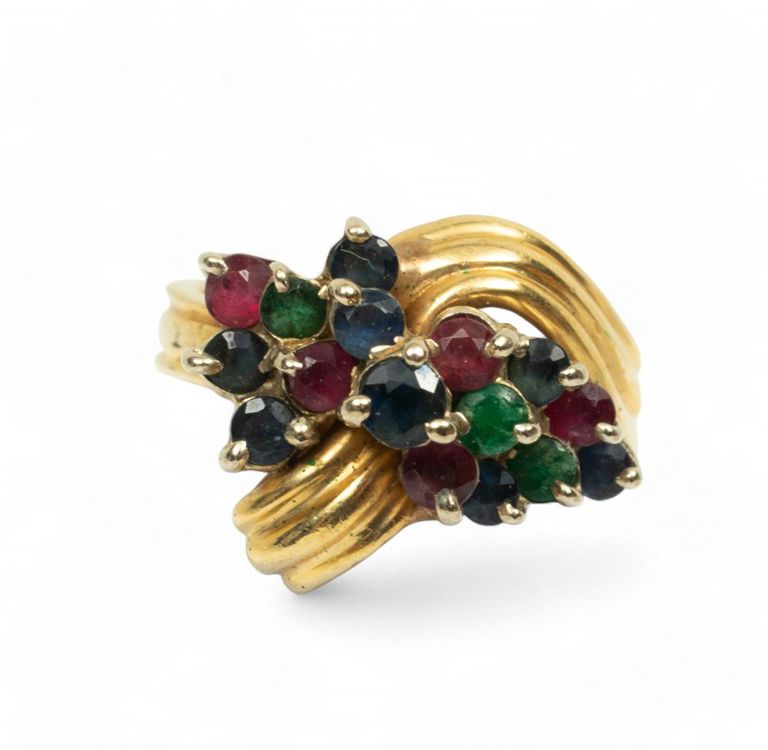 14k gold emerald, sapphire and ruby cluster ring