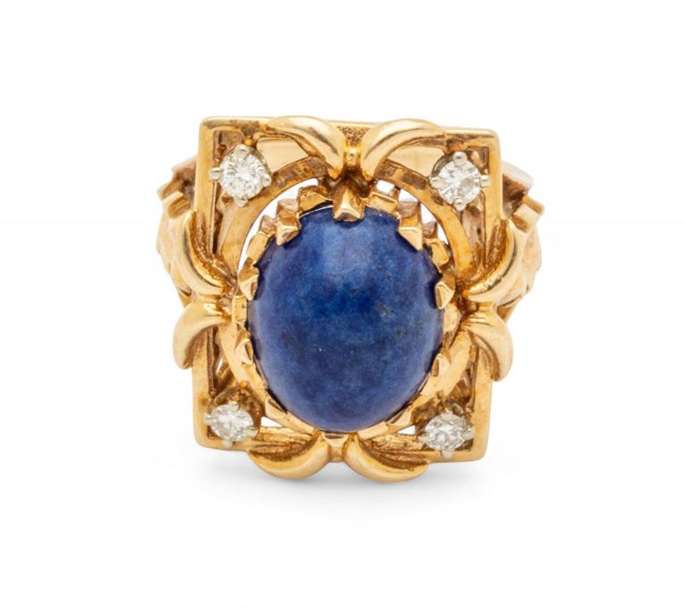 14k gold blue lapis cabochon and diamond ring