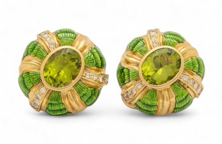 18k gold peridot enamel earclips
