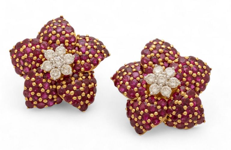 Ruby diamond flower earclips