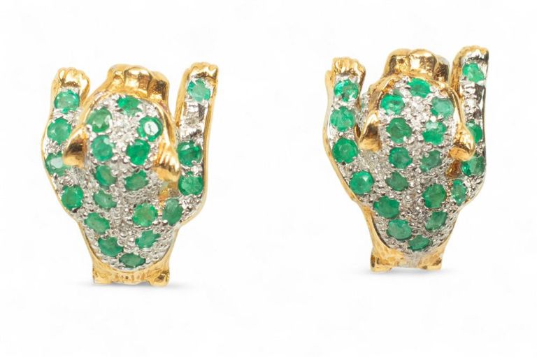 14k gold emerald and diamond panther earrings
