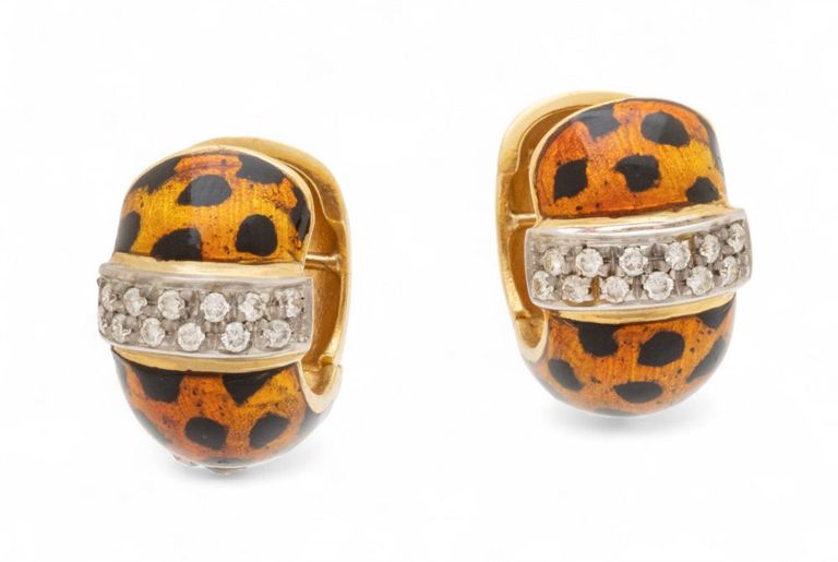 18k gold diamond leopard enamel huggie earrings