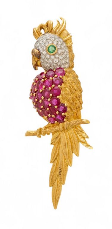 18k gold ruby diamond emerald parrot brooch