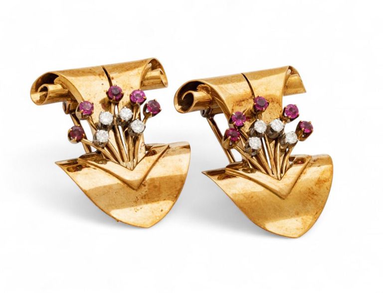 14k gold ruby and diamond clips