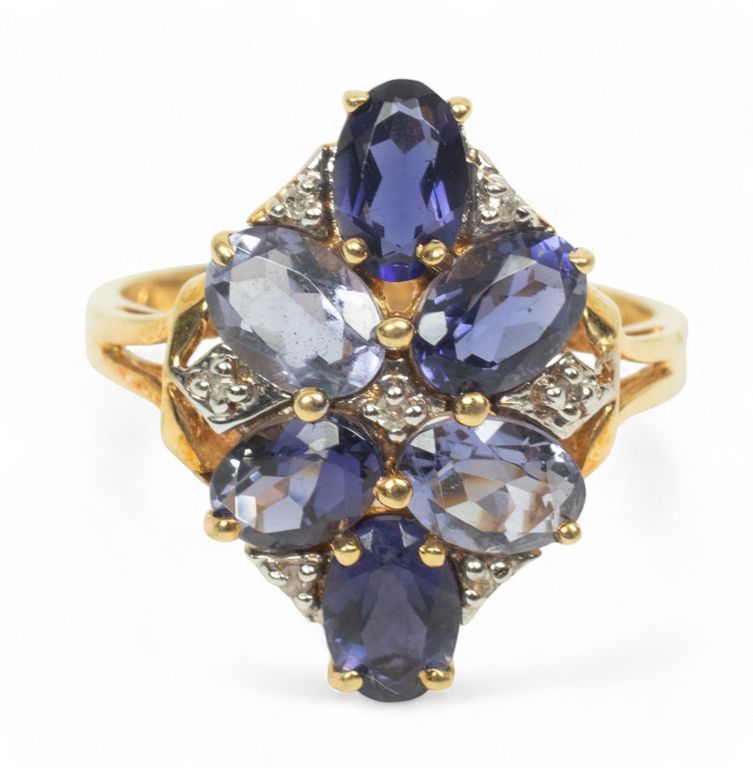 14k yellow gold and iolite diamond ring