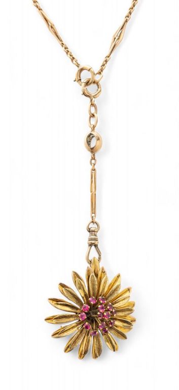 14k yellow gold French neck chain with ruby flower pendant-brooch