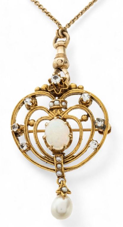 14k gold opal and diamond pendant with pearl spacers