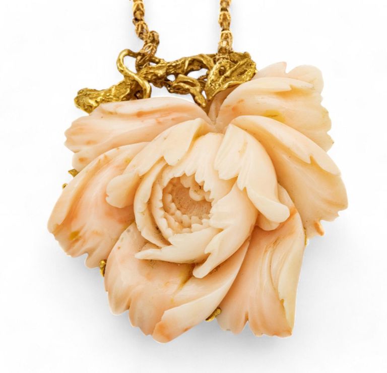 14k gold carved coral rose pendant on chain