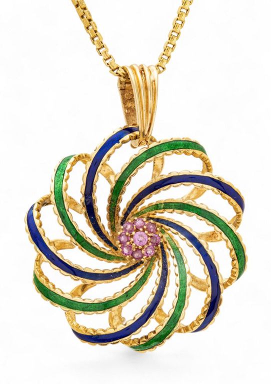 14k gold enamel and ruby pendant on chain