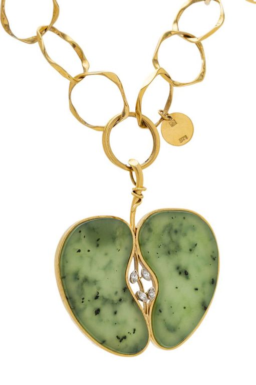 18k gold designer signed spinach jade pendant on chain