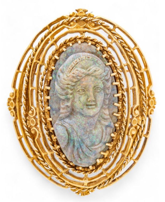 14k gold carved opal pendant-brooch cameo