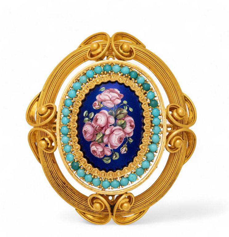 18k gold enamel and turquoise beads brooch