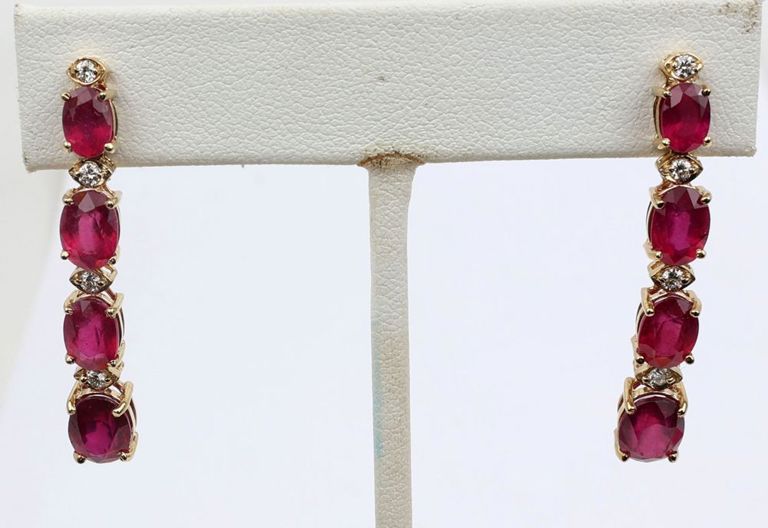 14k yellow gold ruby and diamond dangle earrings
