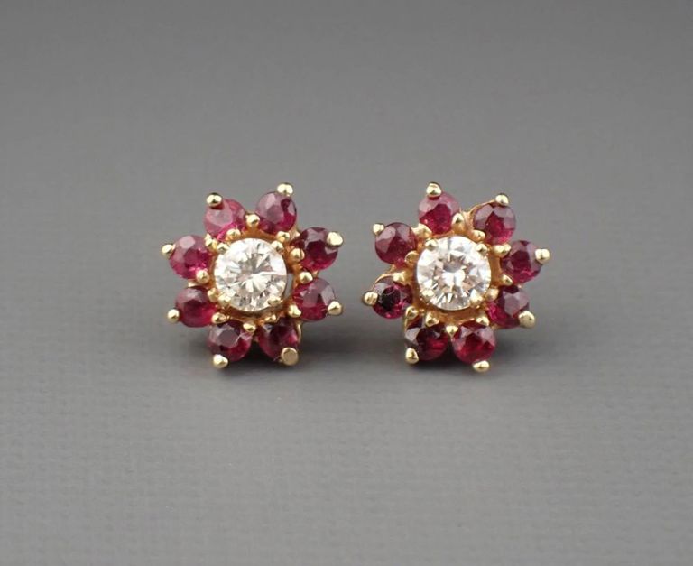 14k yellow gold diamond ruby stud earrings