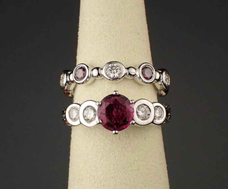 14k white gold rubellite tourmaline and diamond rings