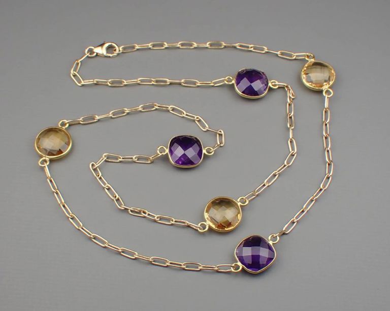 14k yellow gold amethyst citrine station chain