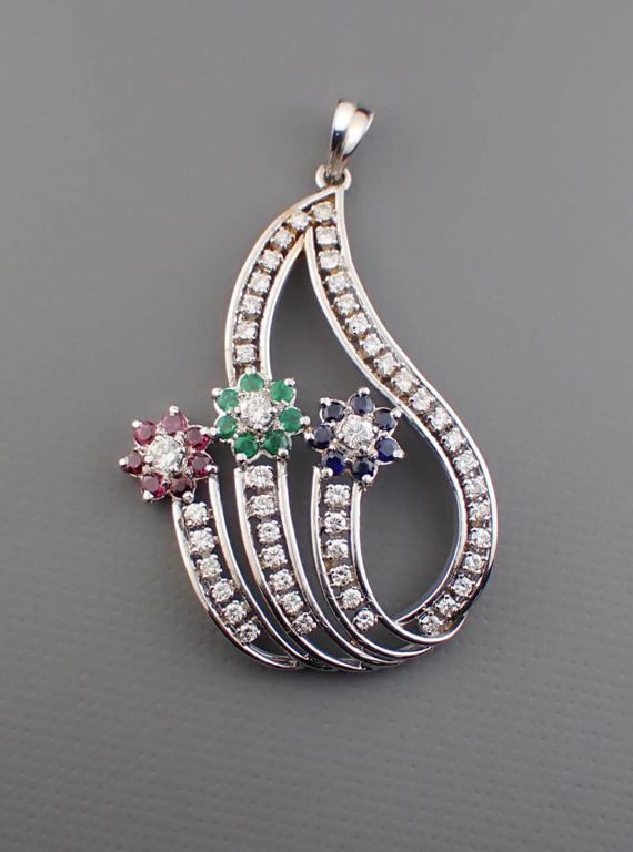 18k white gold diamond ruby emerald sapphire pendant