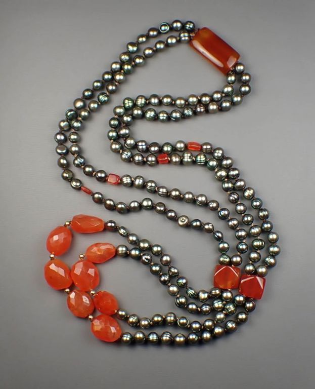 14k gold black pearl carnelian double strand necklace