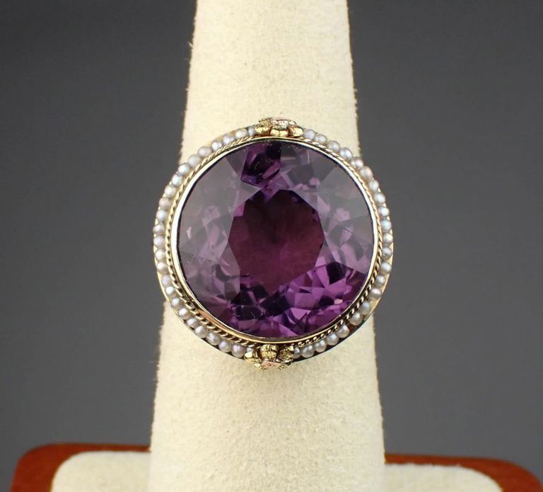 14k gold amethyst and seed pearl ring