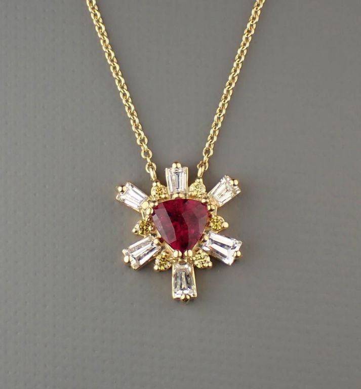 14k gold rubellite diamond starburst pendant necklace