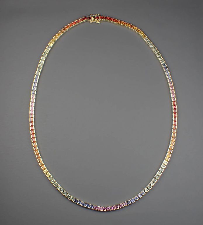 14k gold rainbow sapphire riviere necklace
