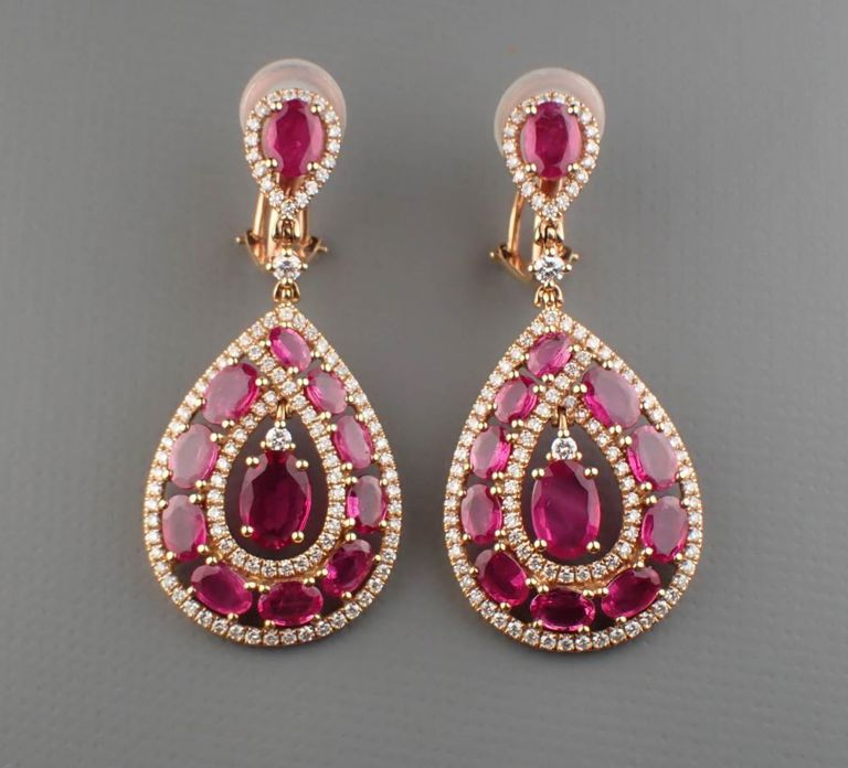 18k rose gold ruby and diamond pendant earrings