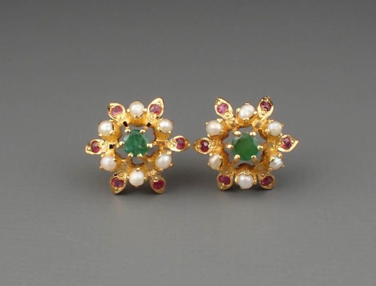 A pair of 20k gold, pearls and rubies earrings