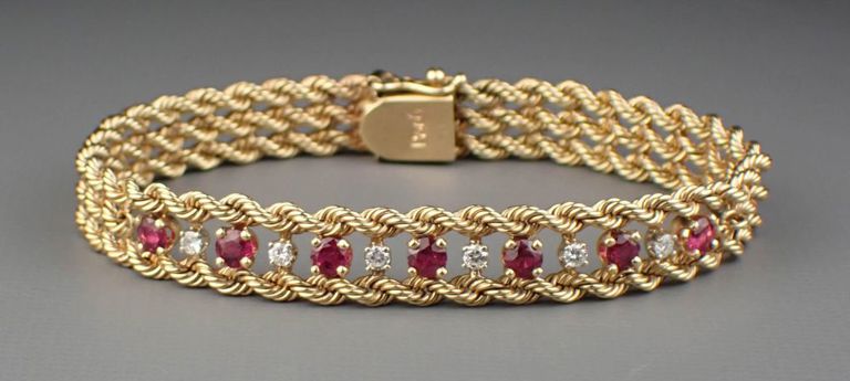 14k gold, diamond and ruby chain bracelet