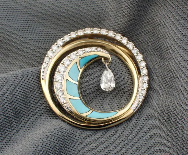 14k gold diamond and turquoise pendant