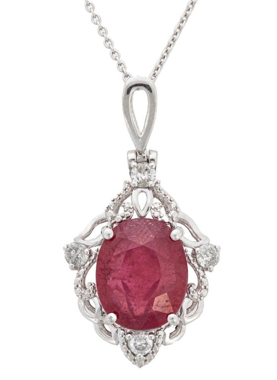 Sterling silver ruby and diamond pendant on chain