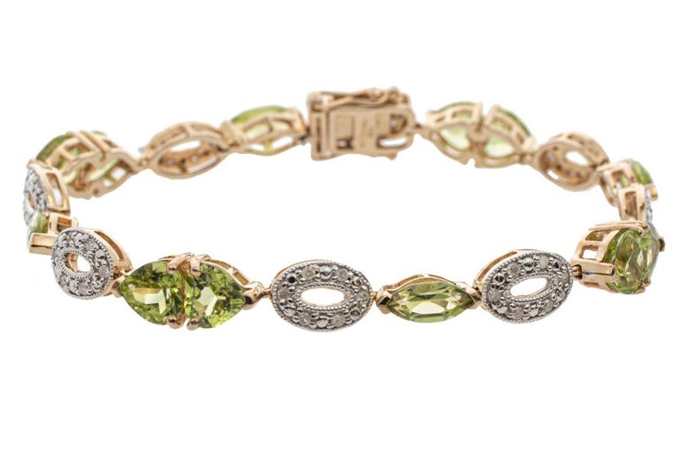 Sterling silver and yellow gold peridot and diamond bracelet