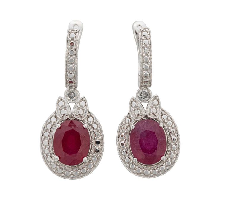 Sterling silver ruby and diamond dangle earrings