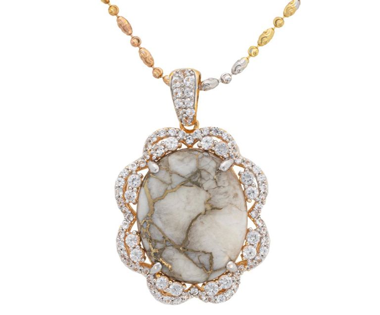 Sterling silver and yellow gold quartz and sapphire pendant on chain