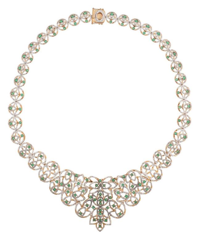 Gold vermeil emerald and diamond bib necklace