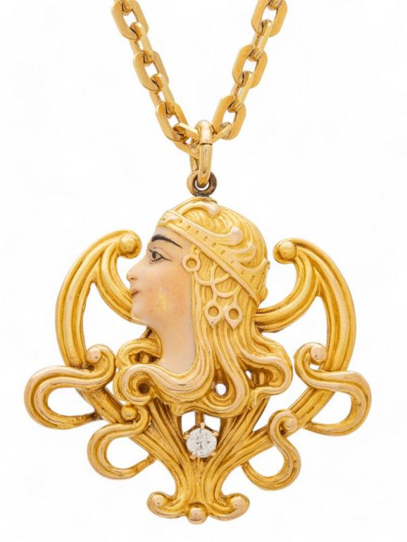 14k gold chain with Art Nouveau portrait pendant