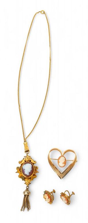 Cameo pendant with chain brooch and earrings
