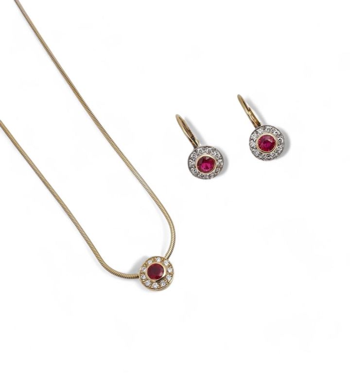 14k gold ruby diamond earring and pendant set