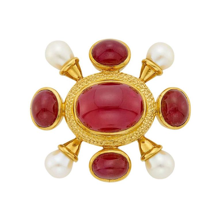 18k gold cabochon ruby and pearl pendant-brooch